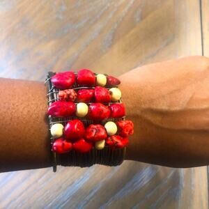 Francesca's Collections Gold Brass Wire Cuff with Red & White Stone